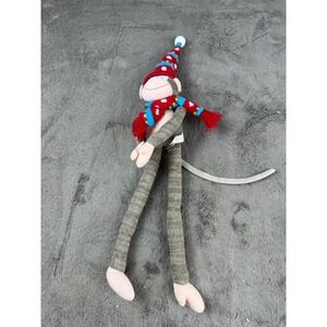 Holiday Sock Monkey Plush Festive Winter Hat and Scarf Brown Knit Stuffed Animal